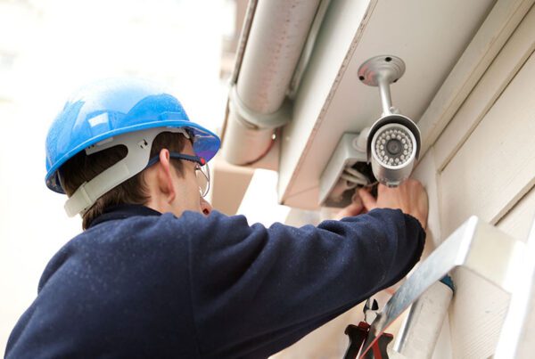 Security camera tips for your business blog - man installing camera on side of building